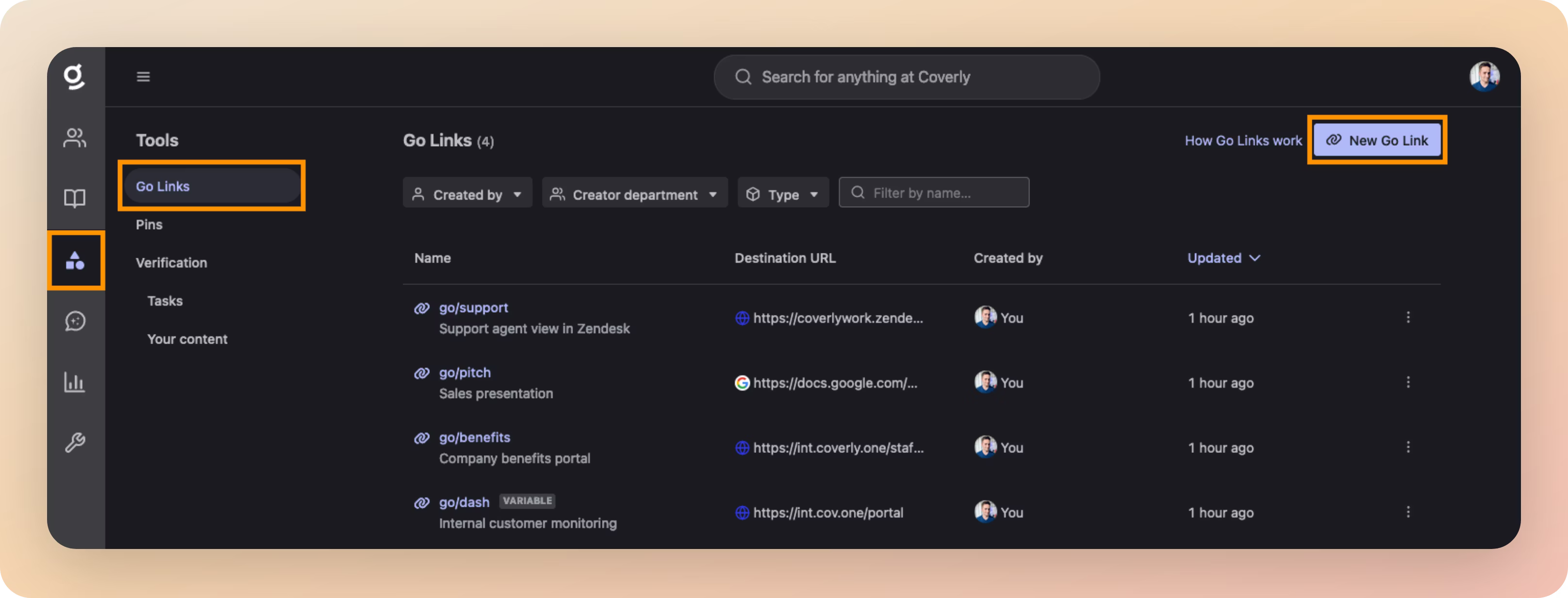 Go Links are shortcuts that quickly redirect users to frequently used resources
